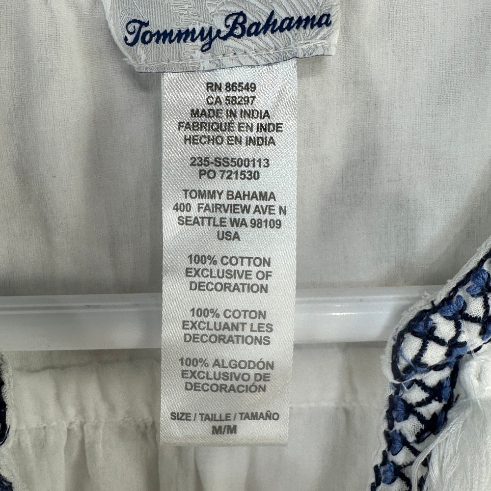 Tommy Bahama White Cotton Jacquard Tiered Tassel Mini Dress Navy Embroidery M/M - Picture 4 of 8